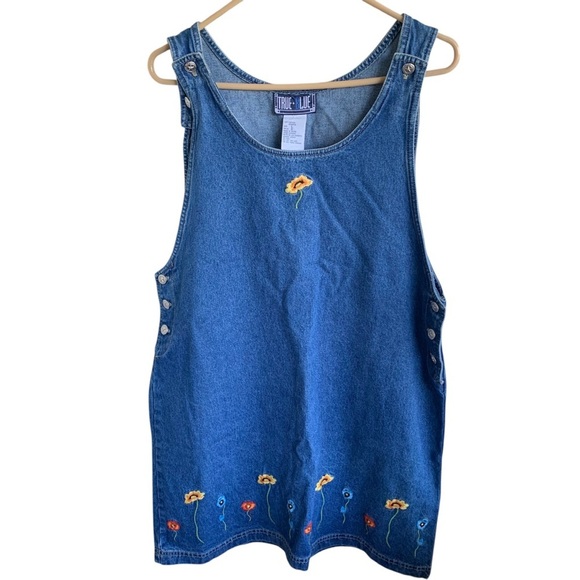 American Vintage Dresses & Skirts - Vintage Denim Embroidered Flowers Dress True Blue Size Large 90s Teacher